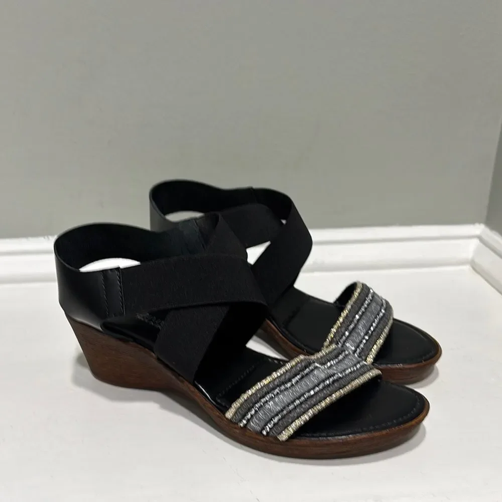 Beaded Wedge Black and Gray Silver Comfort Sandals-size 6.5